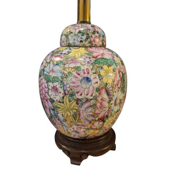 Vintage Metallic Mille Fleur Chinoiserie Ginger Jar Lamp Carved Wooden Base - Picture 3 of 15